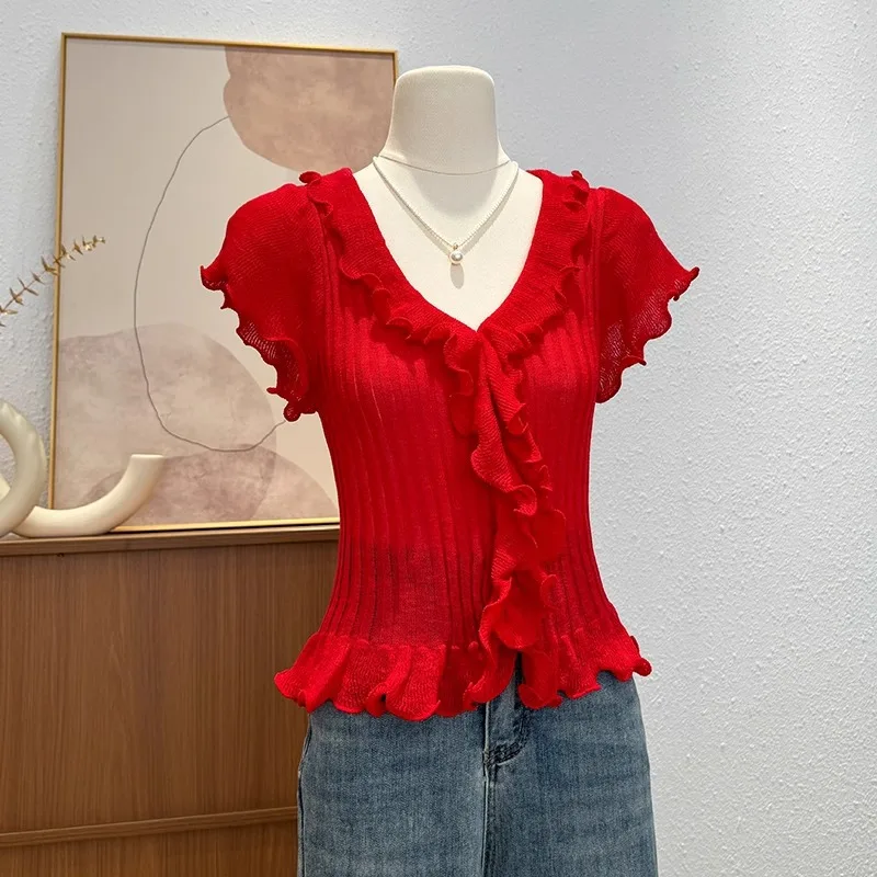 Korean Style Candy Color Ruffles Knitted T-Shirt Women's Summer New Chic V-Neck Single Breasted Tees Stylish Sweet Slimming Tops