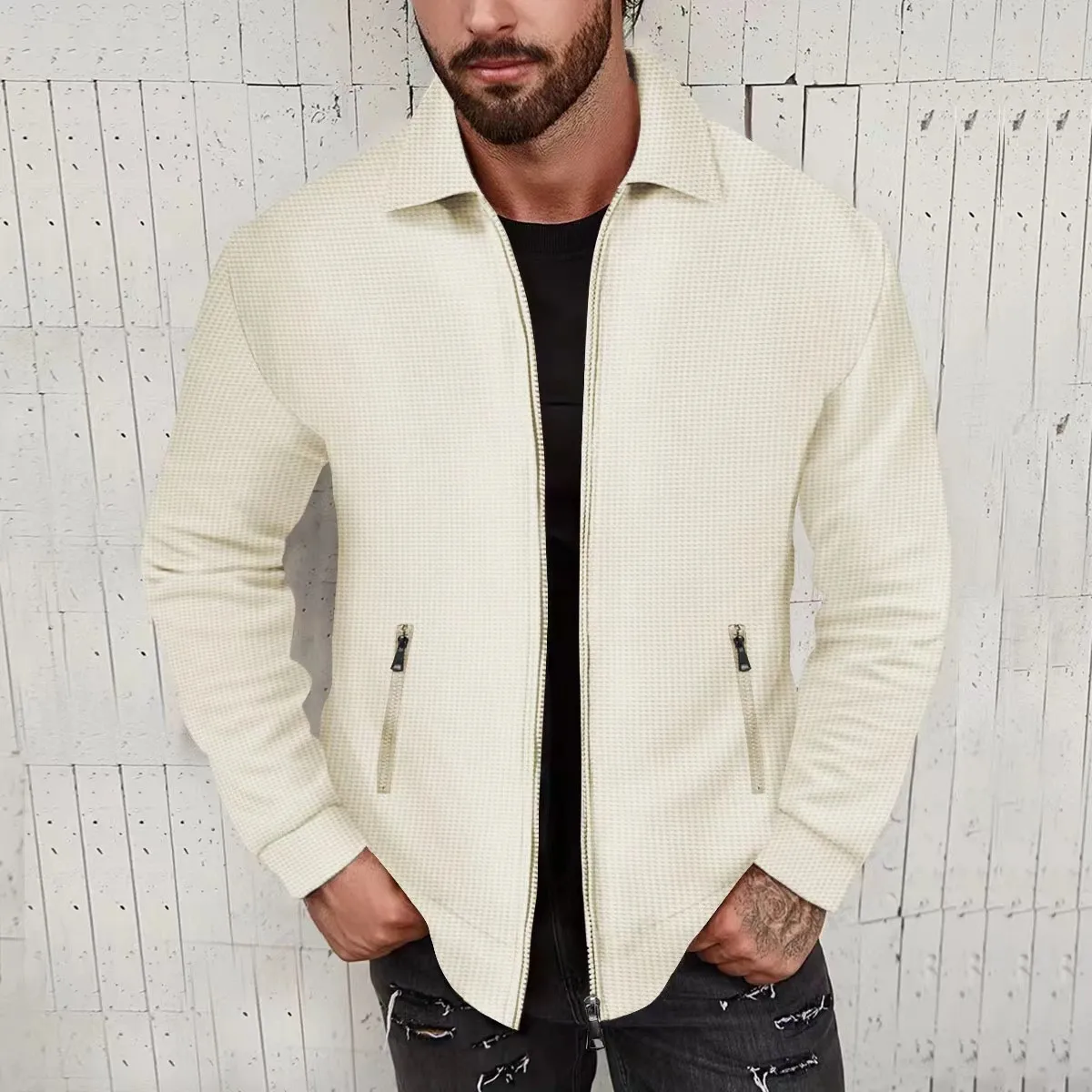 Work Jacket For Mens Fashion Simple Solid Color Zipper Pocket Cardigan Casual Textured Long Sleeve Plain Coat Autumn Light Tops