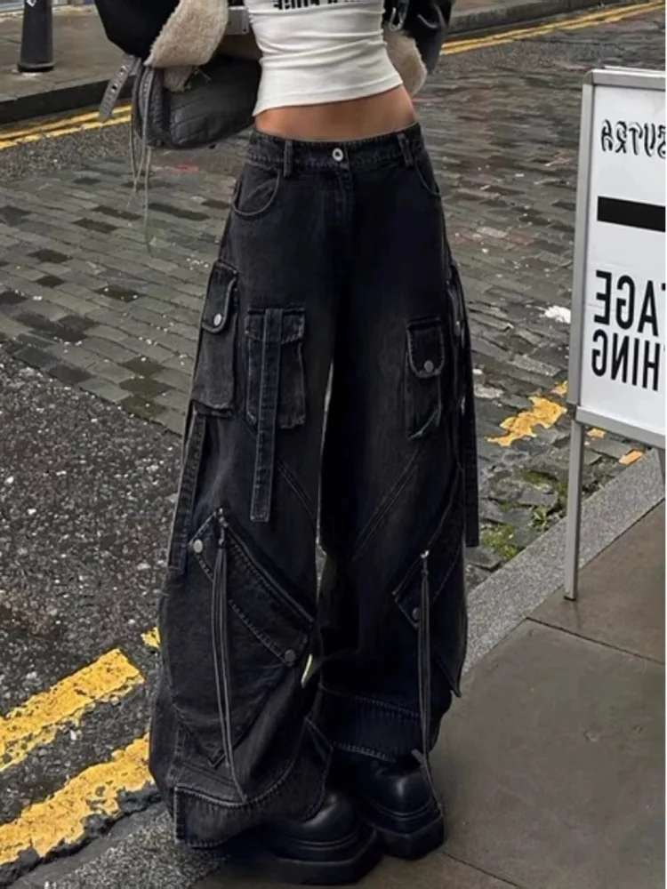 2024 estilo punk y2k streetwear lavado preto baggy carga calças jeans para mulheres roupas de grife perna larga senhora calças ropa mujer