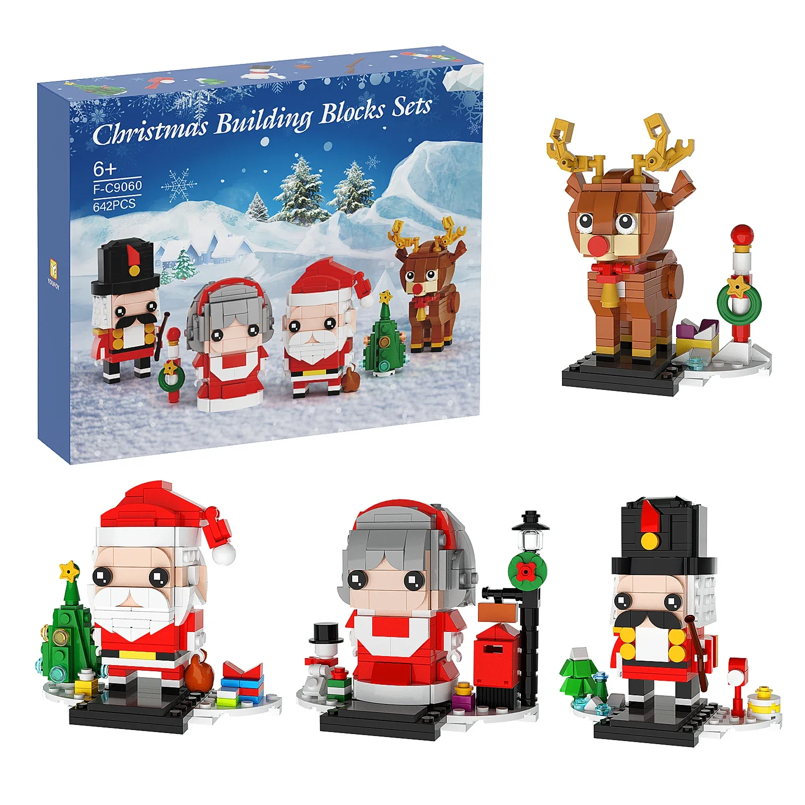 BuildMOC 4 in 1 Santa Claus Reindeer Model Kit Building Block Christmas Square Head Man Xmas Gifts for Boys Girls Kids Toys