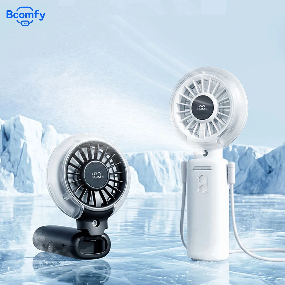 Ventilador portátil dobrável com spray, ventilador de pescoço recarregável por USB, mini ventilador umidificador portátil para uso externo com display digital.