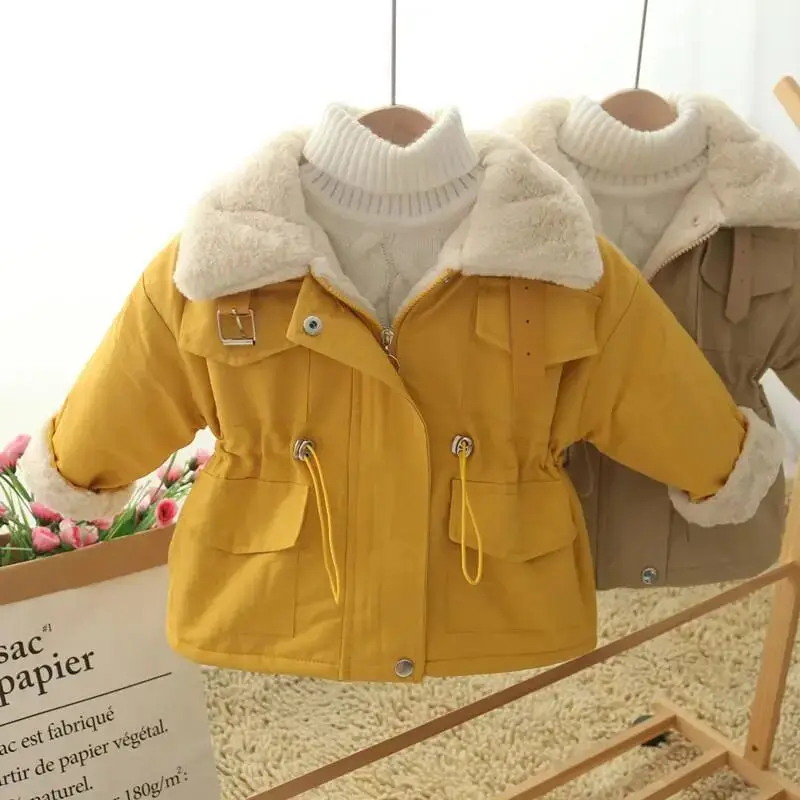 Velvet Plush Warm Kids Lapel Windbreaker Jackets Girls Coat Winter Children Fashion Cute Outerwear Toddler Baby Clothes 2024 New