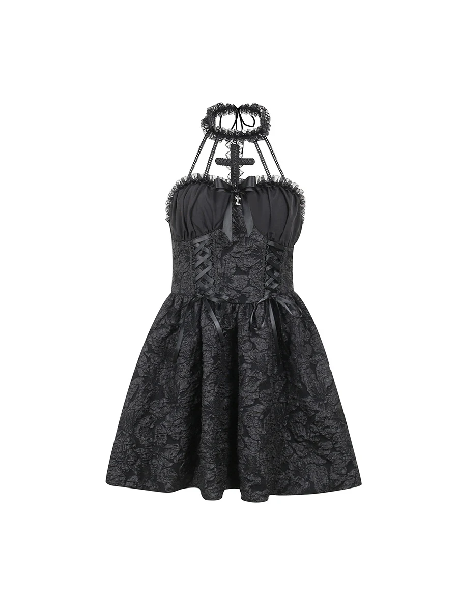 Subcultural Hot Girl Waist Strap Dress Female Cross Hanging Neck Puff Dress Retro Gothic One Shoulder Small Black Dress