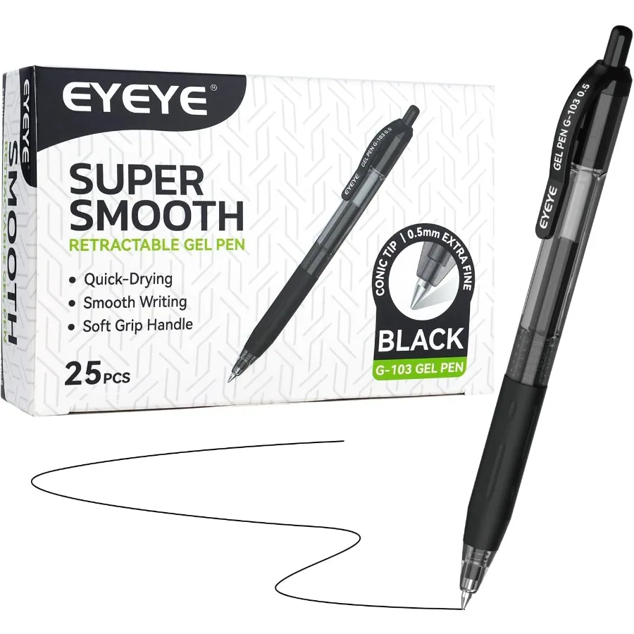 

G103 Выдвижные гелевые ручки, черные, 0,5 мм, 25 шт., очень тонкие гелевые ручки, быстросохнущие шариковые ручки 0,5 мм, гладкая