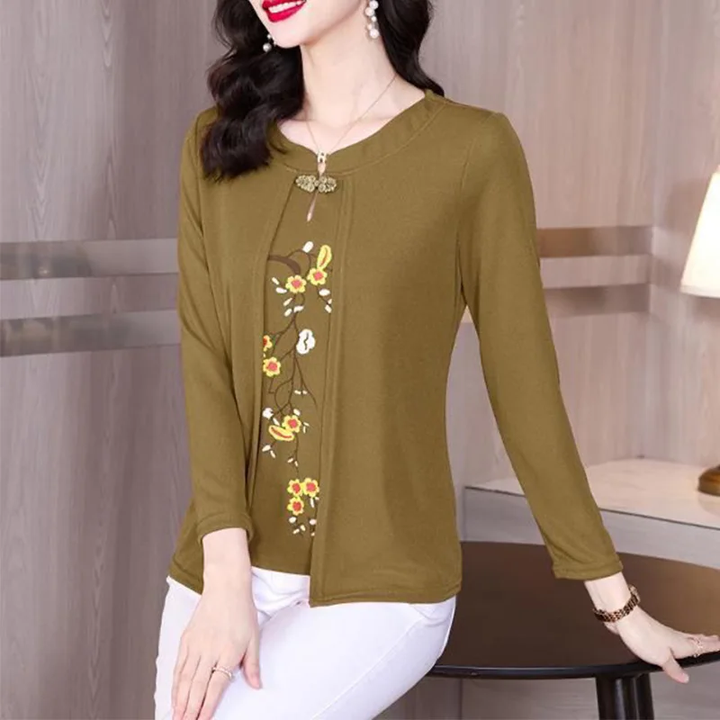 2024 New Summer Elegant Fashion Korean Style Retro Office Lady T-shirts for Women Solid Print O Neck Long Sleeve Y2K Chic Tops