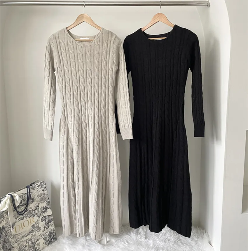 Chic Korean Autumn Winter Knitted Long Sweater Dress Elegant Women Round Collar Twisted Thick Warm Loose A Line Maxi Vestidos