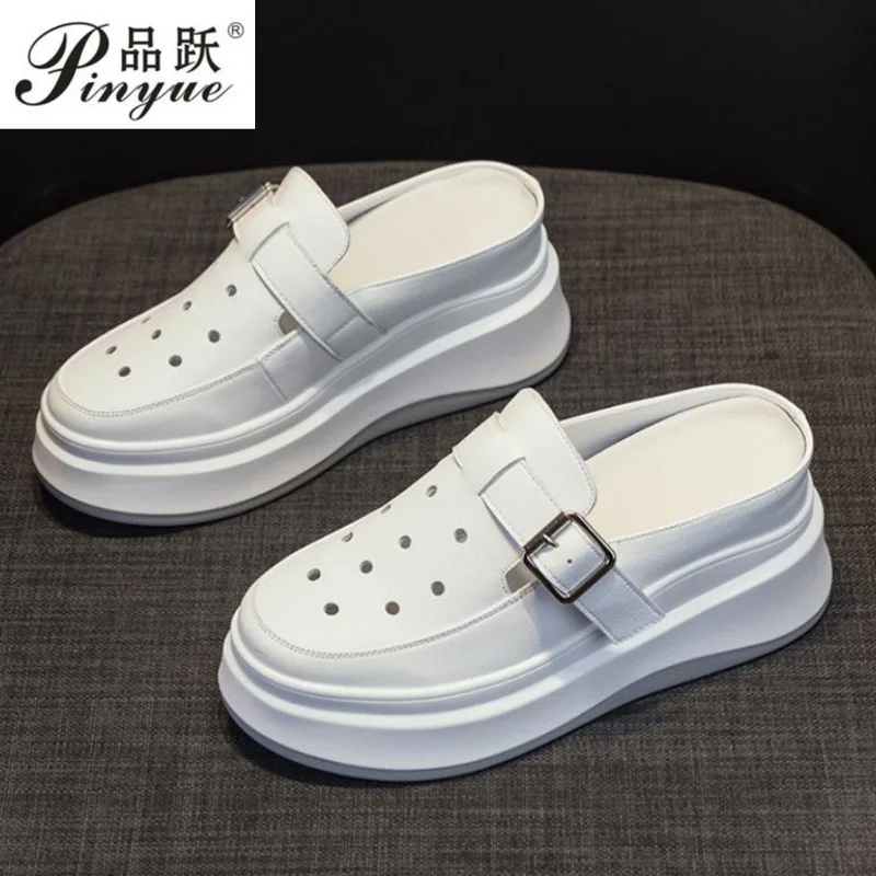 

7.5cm Microfiber Genuine Leather Platform Wedge Comfy High Brand Breathable Summer Bao Toe Slippers Chunky Sneaker 34-39
