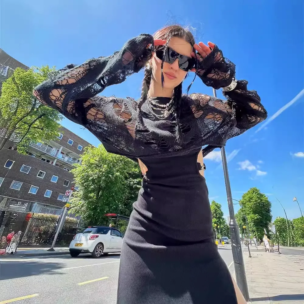 2025 Primavera y novedad de verano, ropa de mujer, Top hueco a la moda y Sexy para mujer, suéter de punto suelto expuesta al ombligo