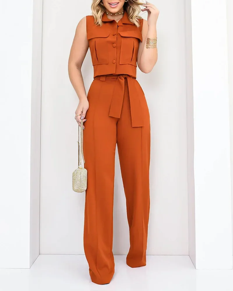 

Women Single-Breasted Solid Top 2PCS Outfit 2024 Spring Summer Loungewear Wide Leg Pants Matching Sets Elegant Ladies Suits