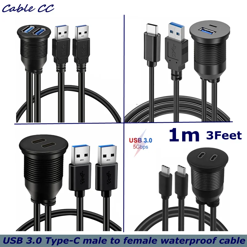 Car Dash Panel Mount Adapter Extension 1m Type C 3.0 and USB 3.0 Male to Female Flush Mount Cable Waterproof Kit Accessories