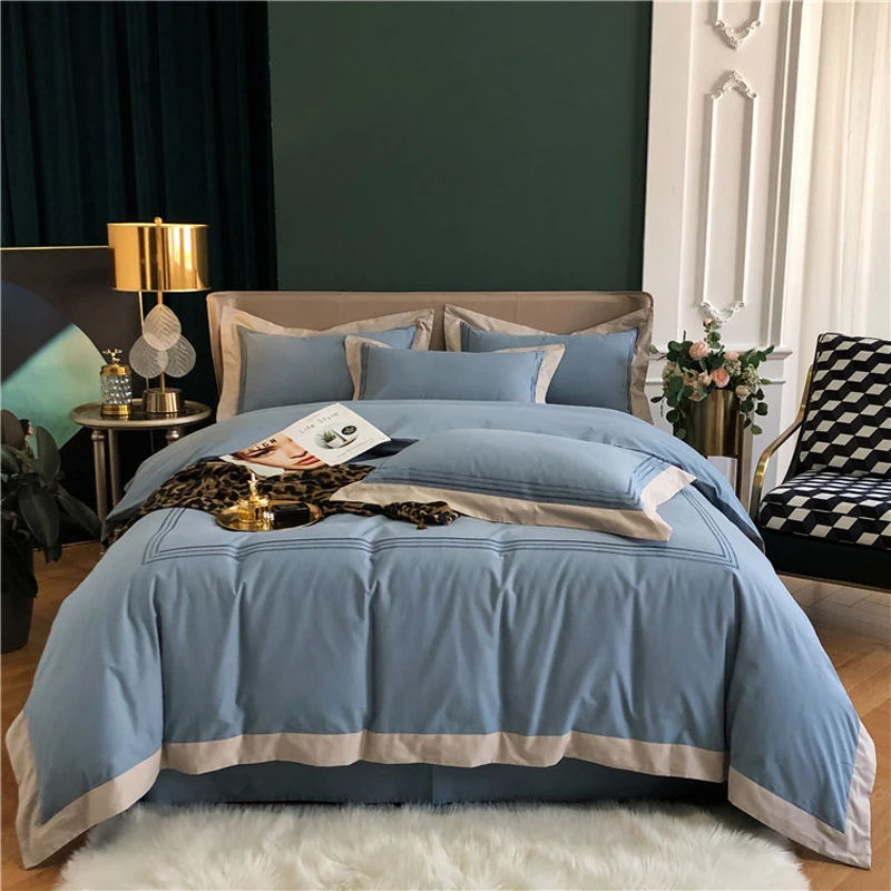 

2024 Newset 60 long-staple Cotton Stitching Embroidery Plain Four-piece Bed Sheet Cotton Hot-selling Light Luxury Bedding Blue