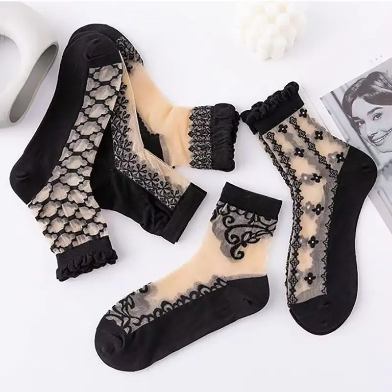 5 Paar Damen-Socken mit Spitze, mittellang, mit Kristallen, Retro-Blumenmuster, für den Sommer, leicht, verschleißfest, atmungsaktiv, Freizeitsocken