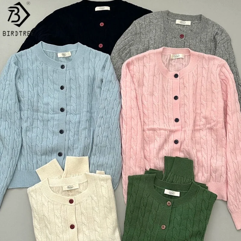 

Birdtree 100% Merino Wool Twisted Flower Cardigan,Woman O-neck Single Breasted Full Sleeve Autumn Warmth Knit Coat Tops T59225JF