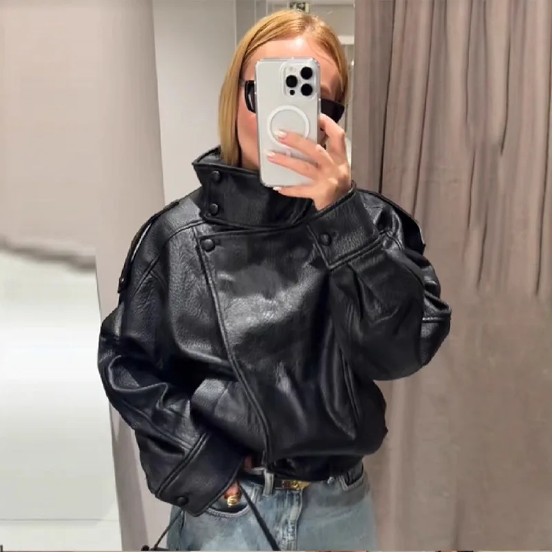 

Motorcycle Leather Jacket Stand-up Collar Women's Faux Coat Black Bomber Jackets Loose Outerwear High Neck Aviator
