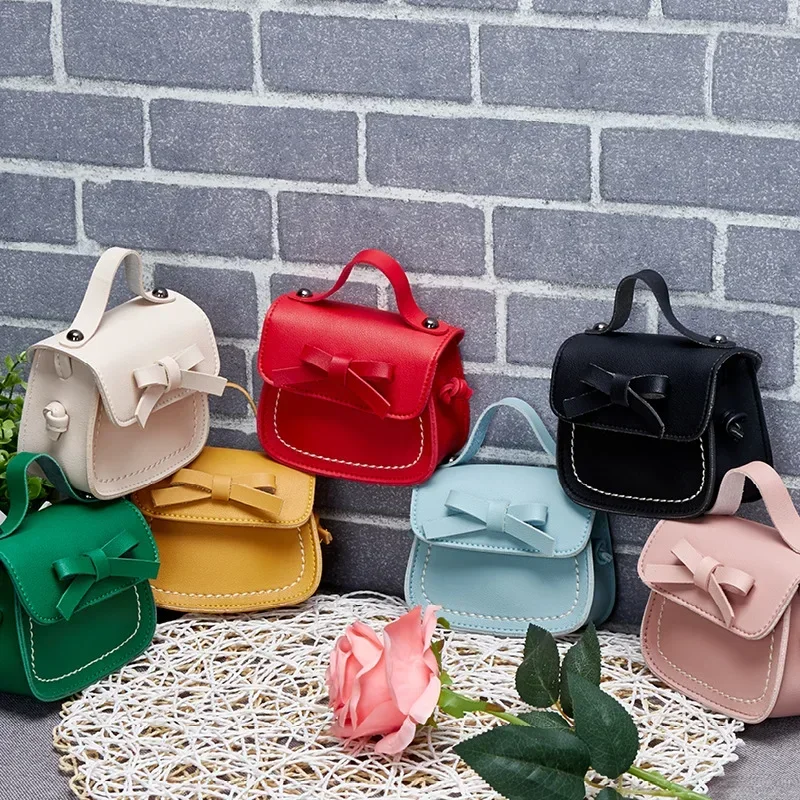 New Cute Leather Baby Messenger Bags Children Kids Girls Princess Shoulder Bag Handbag Solid Bowknot Princess Coin Purses Gift