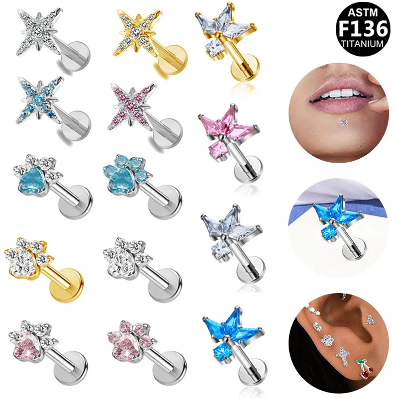 

ASTM F136 Titanium Zircon Flat Back Earring for Women Internal Thread Labret Piercing Helix Tragus Cartilage Piercing Jewelry