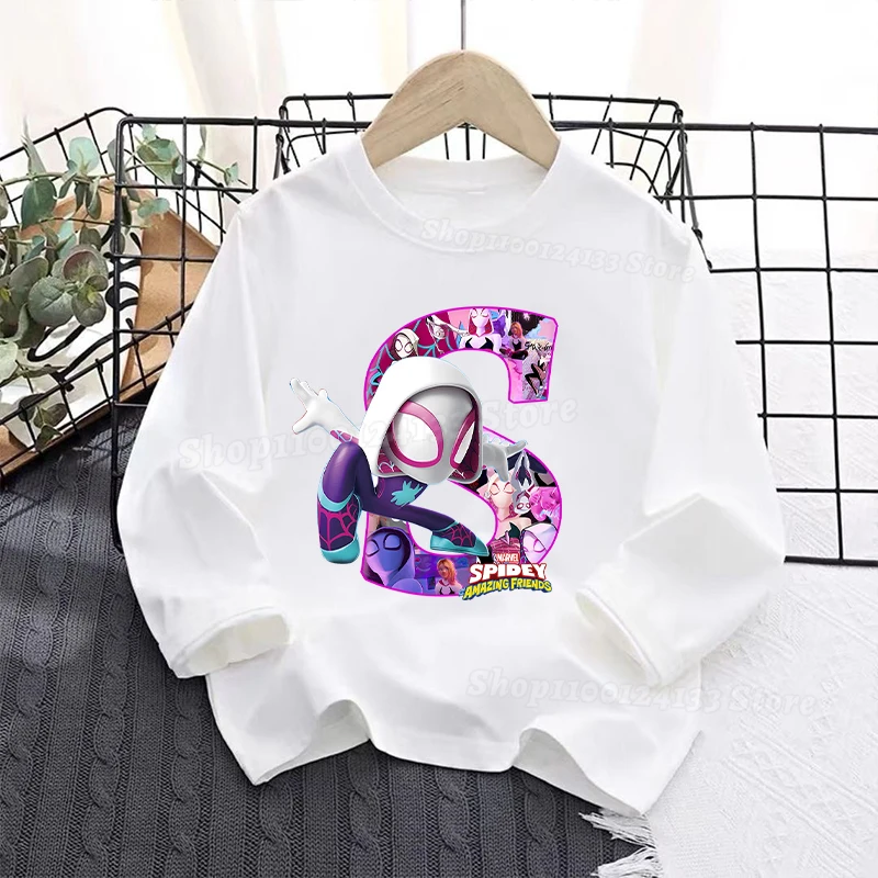 Spiderman Kids Girl Long Sleeve T-Shirt Letters A-Z Gwen Cartoon Movie Print Childern Tees O-Neck Thin Tops Toddler Clothing New