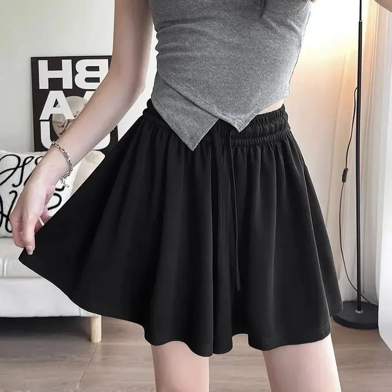 Summer Wide Leg Shorts Skirts High Waist Elastic Fashion Drawstring Basic Female Clothing Solid Color Casual Loose Folds Shorts