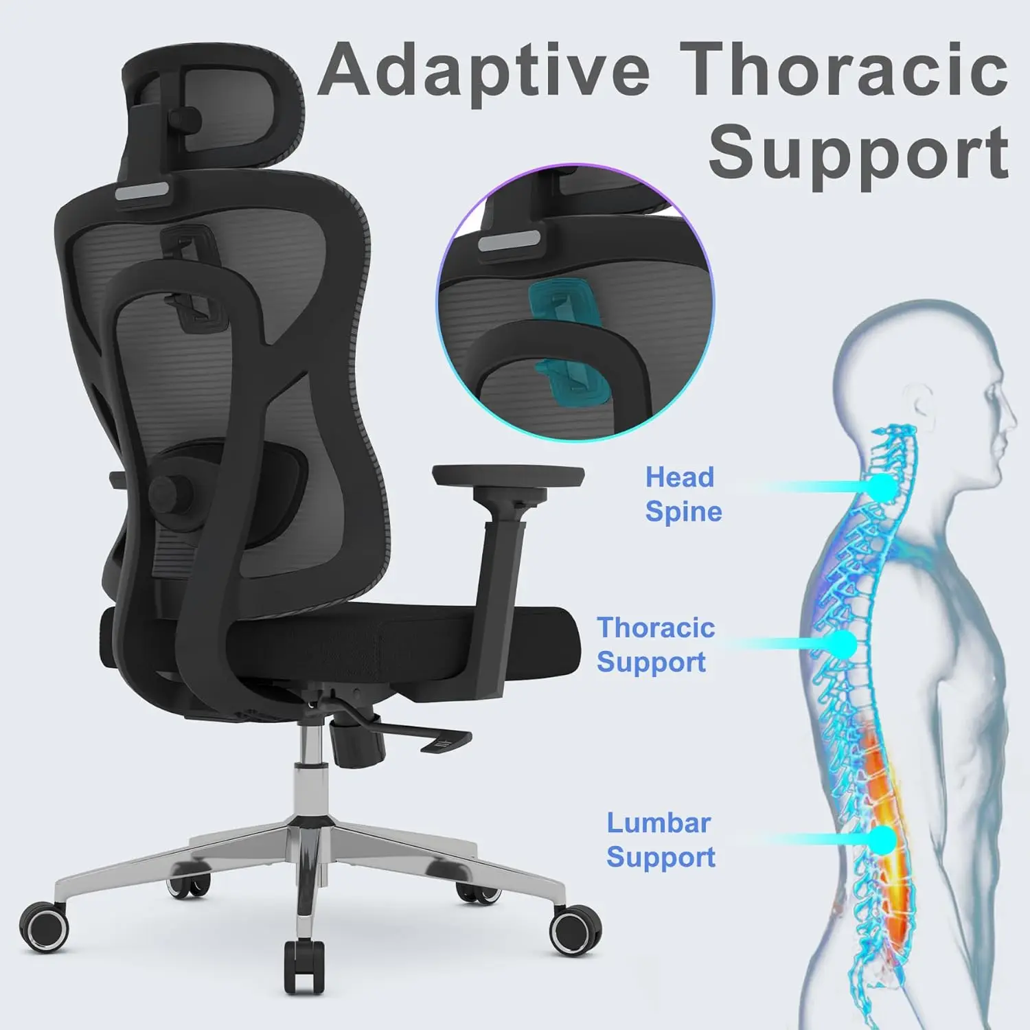 Cadeira de escritório ergonômica de malha, cadeira de mesa com encosto alto com braços 3D, suporte torácico adaptável, suporte lombar 3D e ele ajustável