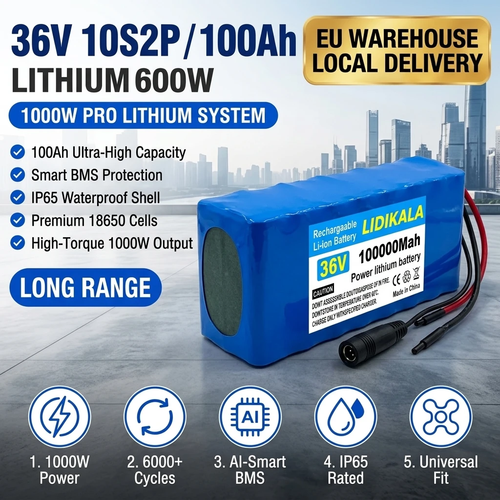 36V 100Ah 100000mAh 10S2P Lithium-Ionen-Akkupack 18650 Wiederaufladbare Batterie mit Smart BMS für E-Scooter E-Bike Elektrorollstuhl