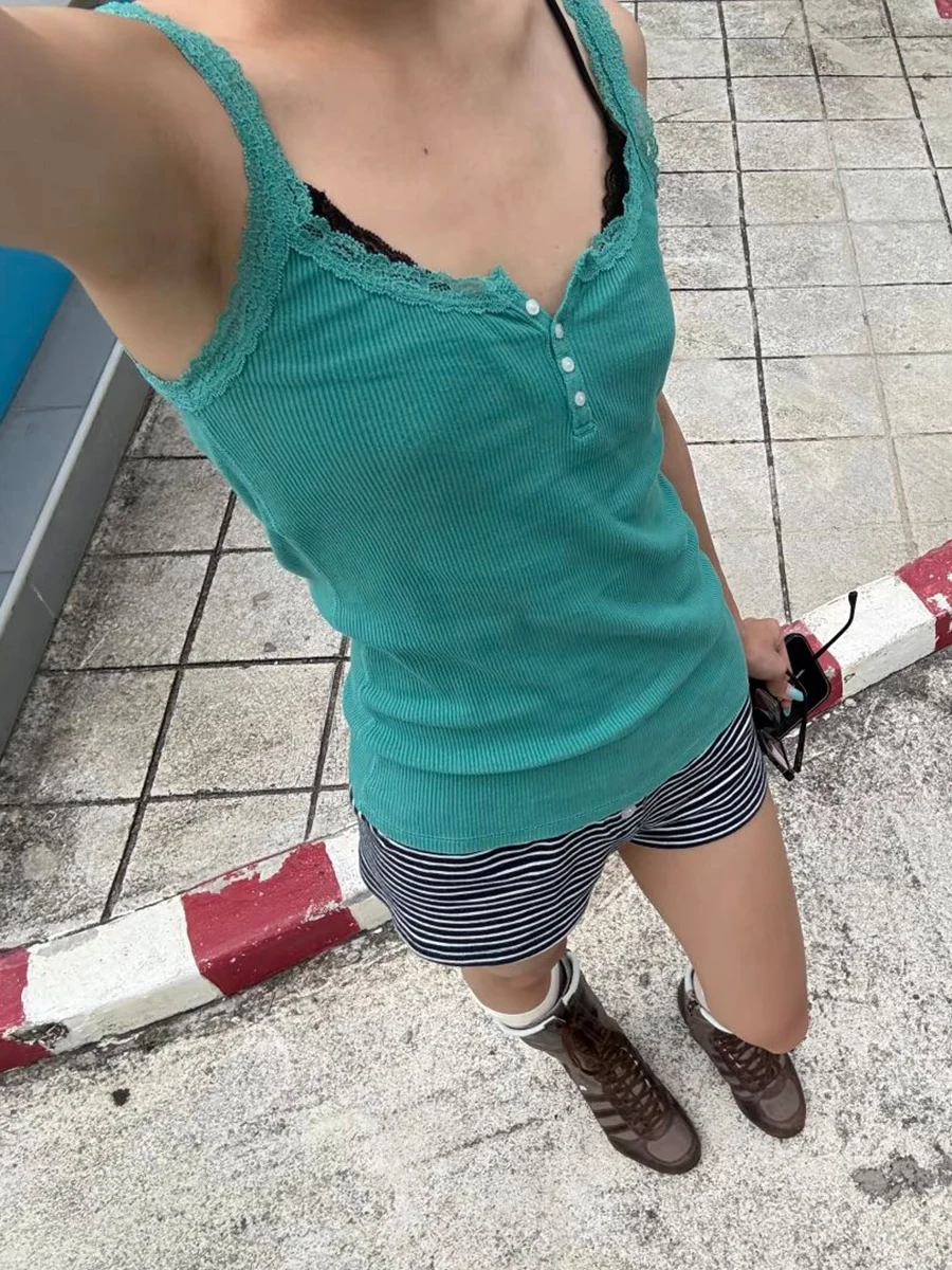 Spitze Trim Lila Schlank Tank Tops Frauen Sommer Vier Tasten Baumwolle Leibchen Weibliche Casual Süße Alle-spiel Grundlegende gerippte Camis Neue – Detail 11