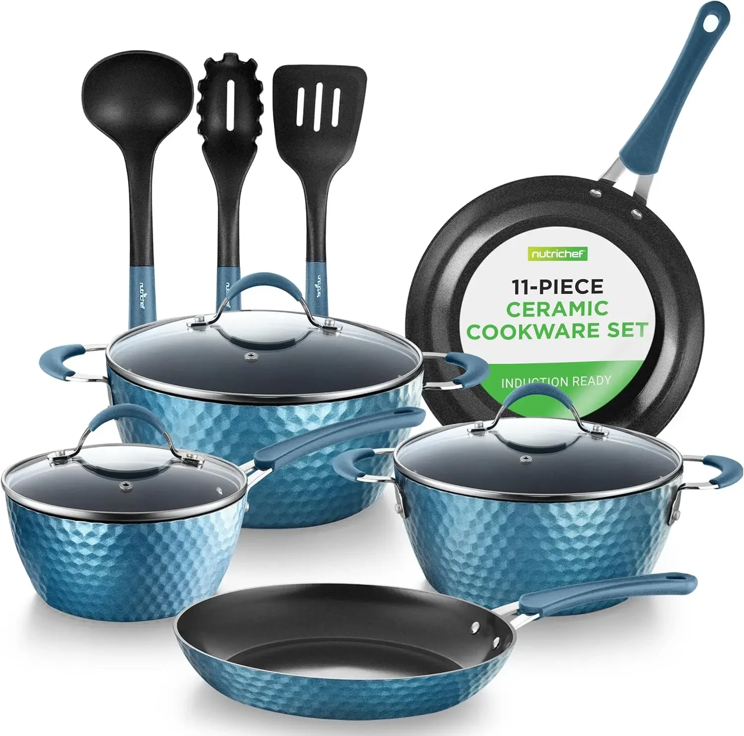 

11 Pc Pots and Pans Set Non Stick Cookware with Ceramic Coating, Ergonomic Handles, Induction Ready,Royal Blue