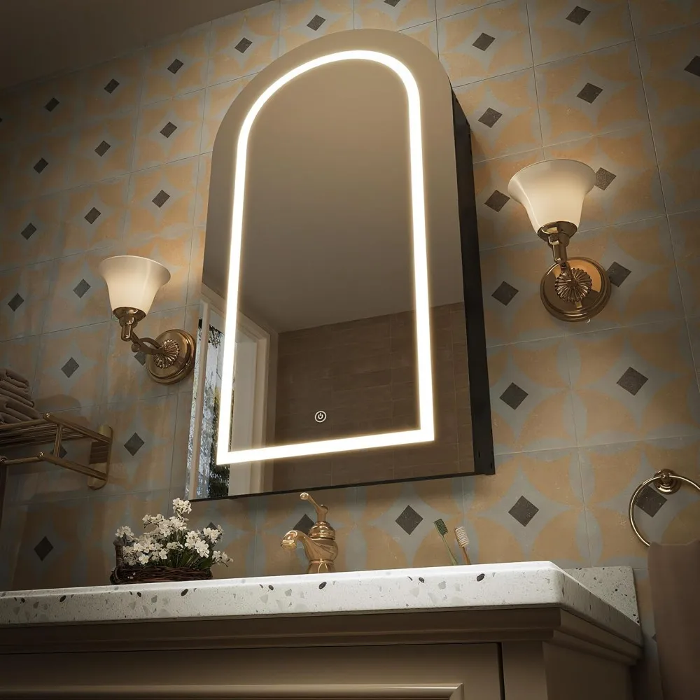 Arched Medicine Cabinet with LED Light, Recessed Black Bathroom Mirror Cabinet with Integrated Storage, Wall-Mounted Mi