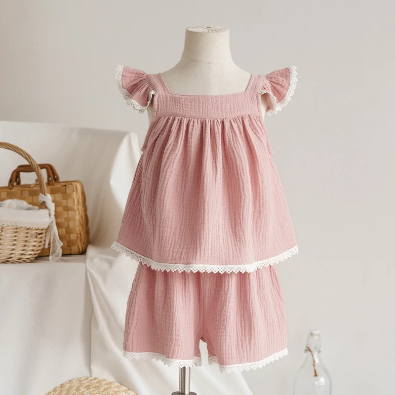 Girls Pink Ruffled Sleeveless Tops Shorts Two-Piece Set 2024 Summer New Children\'s Casual Homewear Cotton Gauze Camisole Suit