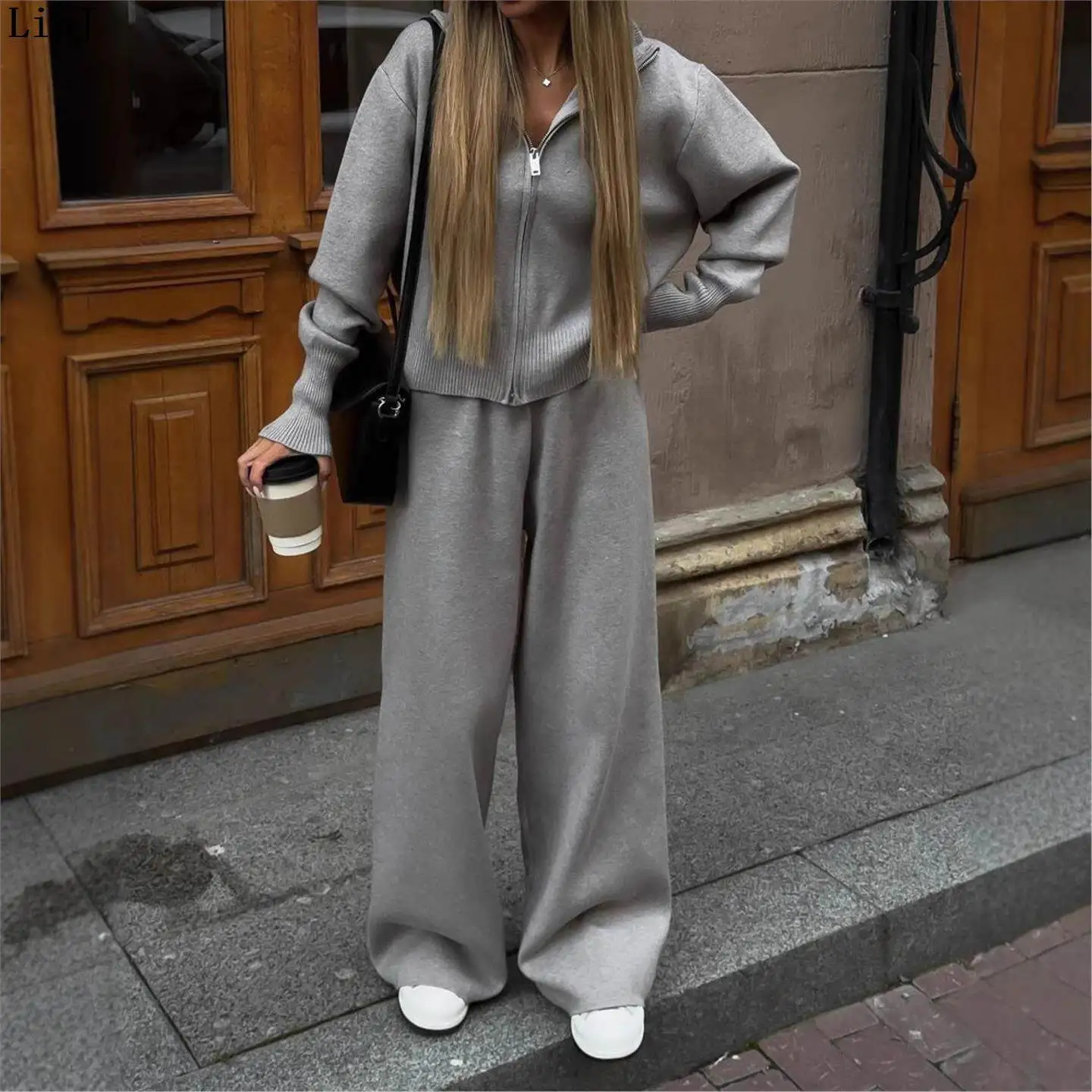 

Women's Long Sleeve Zipper Sweater Cardigan Sportswear Set Casual Two-Piece Suit Winter Season European Style Adult Fashion