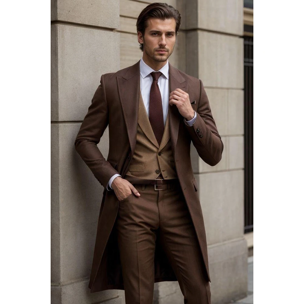 

Handsome Brown Tailcoat Men Suit Single-breasted Peak Lapel 3 Pieces(Jacket+Pants+Vest) Male Formal Wedding Party Set