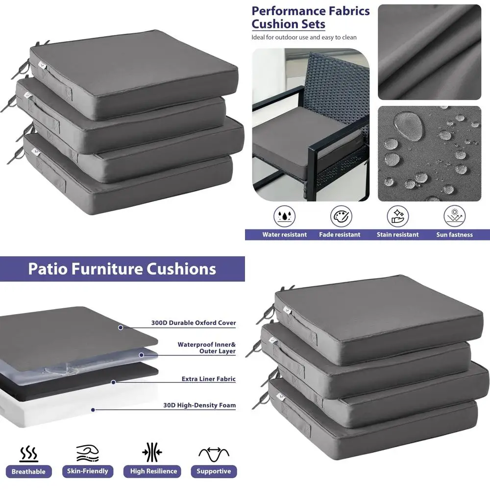 

Set of 4 Waterproof Patio Chair Cushions with Ties, Square Outdoor Seat Pads, 18.5 x 16 x 3, Dark Grey
