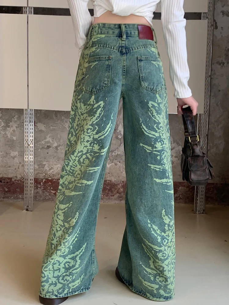 

2023 Korean Y2K Fashion Graphic Print Washed Blue Baggy Wide Leg Jeans Pants For Women Goth Clothes Straight Loose Lady Trousers