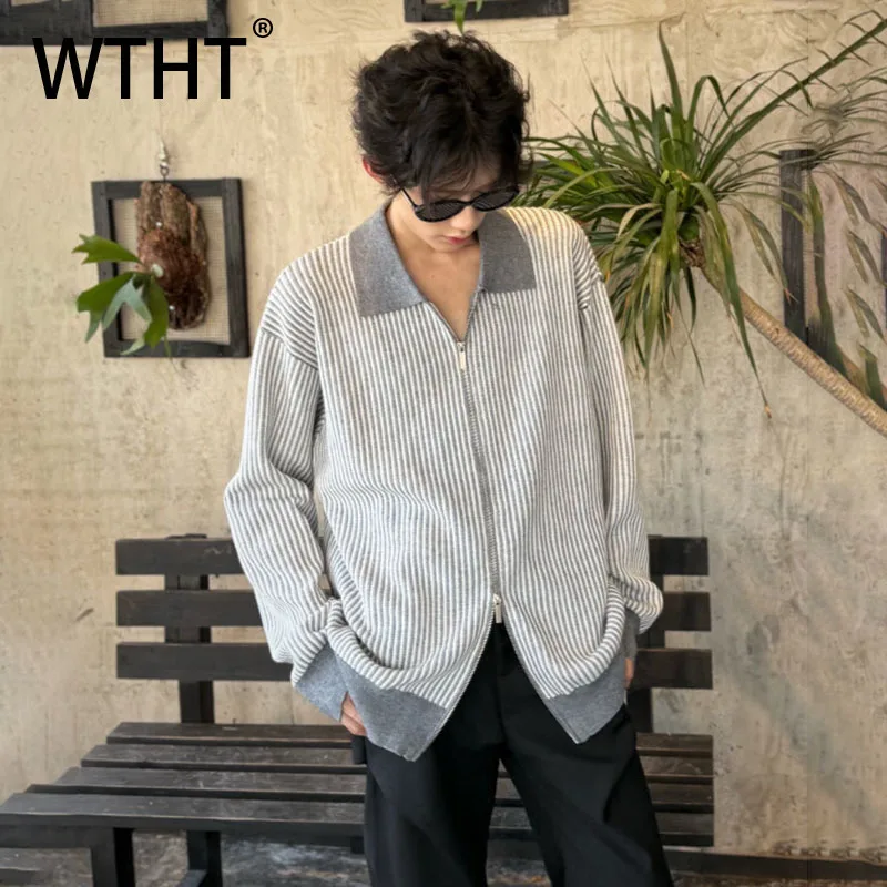 

WTHT модный мужской полосатый свитер контрастного цвета, модный осенний свитер 2023, топы с отложным воротником и двойной молнией, мужские 2A1895
