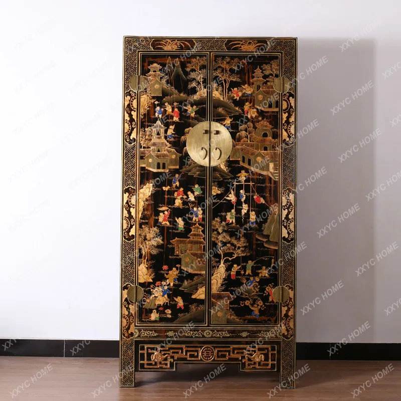 New Chinese Style Painted Wardrobe, Solid Wood Antique Hand-painted Gold-Painted Bedroom Storage Wardrobe
