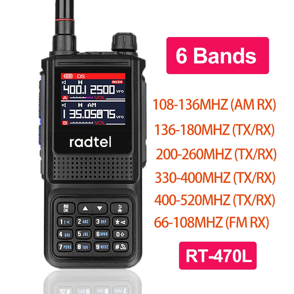 

Radtel RT-470L 5W 6 Bands Amateur Ham Two Way Radio Station 256CH Air Band Walkie Talkie NOAA LCD Color Police Scanner Aviation