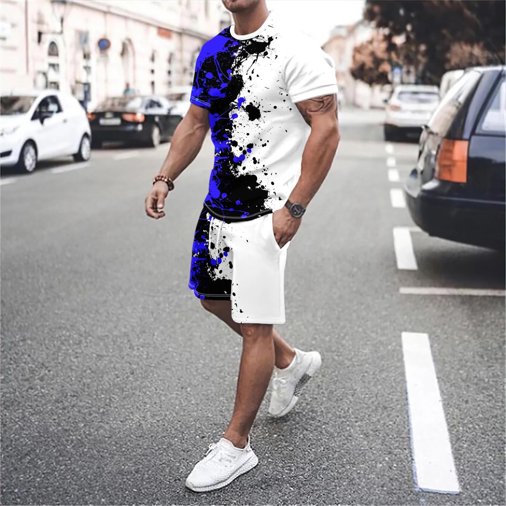 Popular and creative men\'s sportswear two-piece summer round neck short sleeved shorts set 3D splicing men\'s casual fashion set