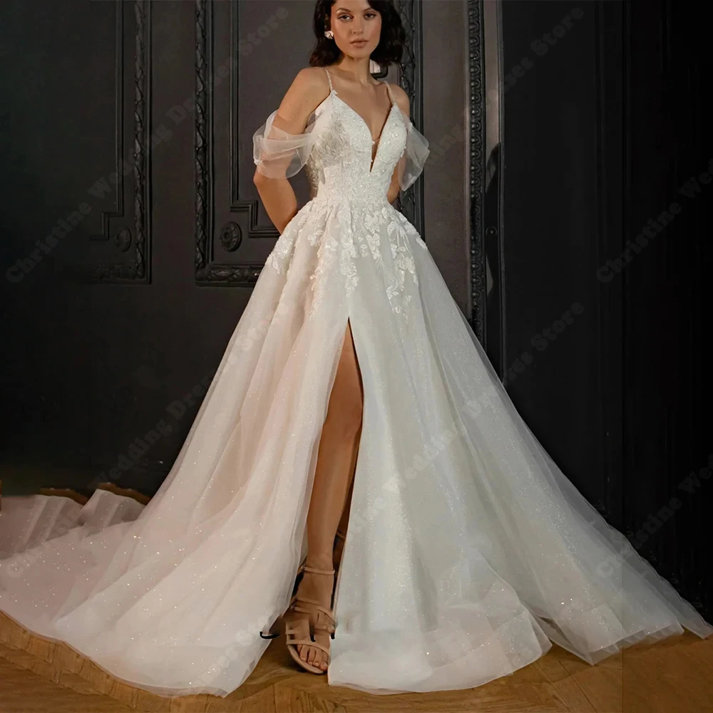 

Vintage V-Neck Women Wedding Dresses Sexy Sleeveless A-Line Bridal Gowns Mopping Length Lace Appliques Women Robes Customized