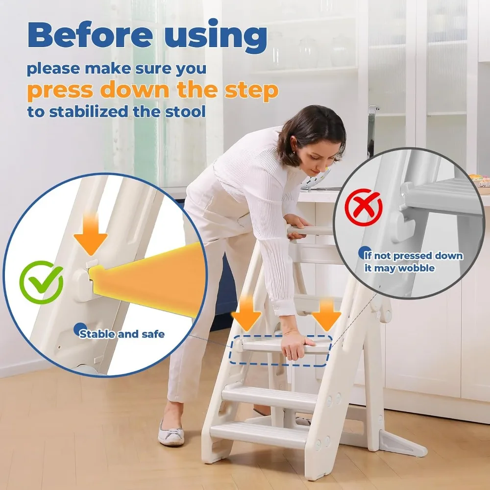 Foldable Adjustable Height Toddler Kitchen Stool Helper with Handles Safety Rail Non-Slip Pads Grey