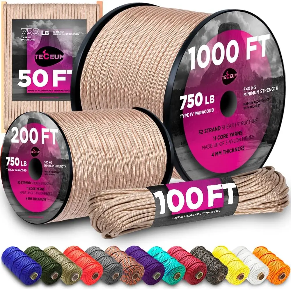 

750 lb Paracord Rope - 1000Ft/200Ft/120Ft/100Ft/50Ft - Nylon Utility Cord for Camping, Survival, Outdoor Gear - 35+ Colors