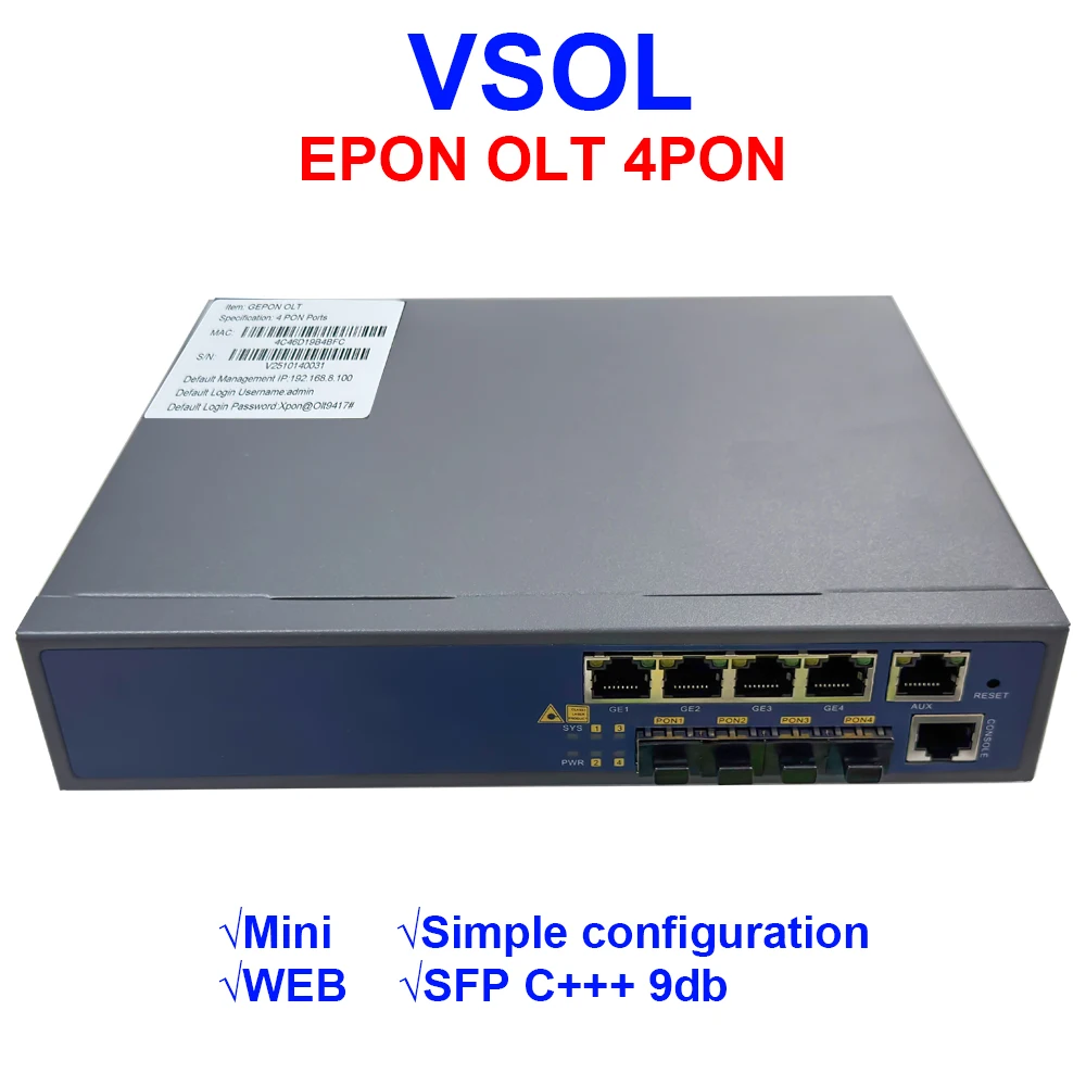 VSOL 4PON EPON OLT FTTH Mini OLT 4 Ports CATV Carrier-grade Fiber Optic High Quality Small 1.25G Professional 4PON 4 Ports ONU