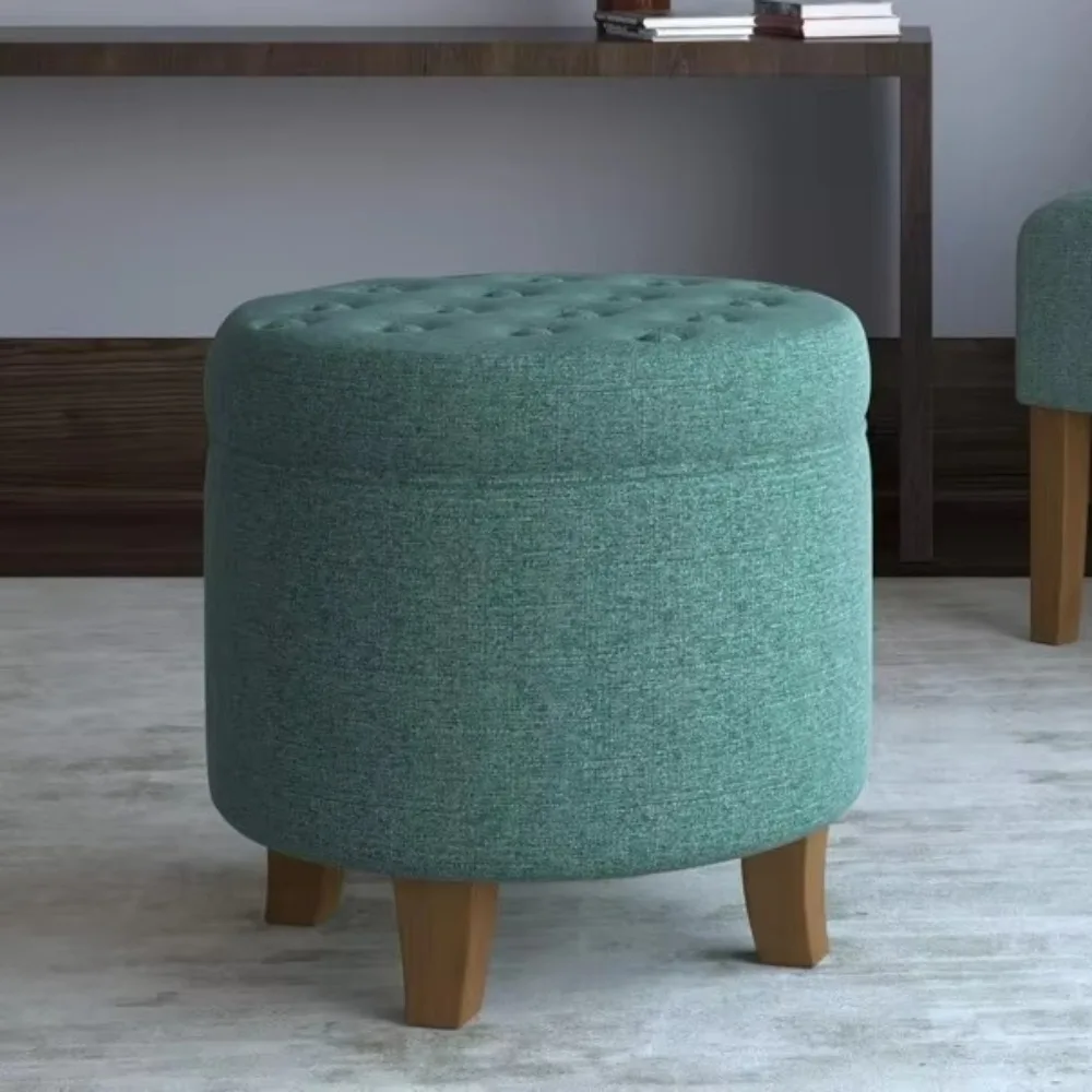 

by Kinfine Fabric Upholstered Round Storage Ottoman - Button Tufted Ottoman with Removable Lid, Teal Woven