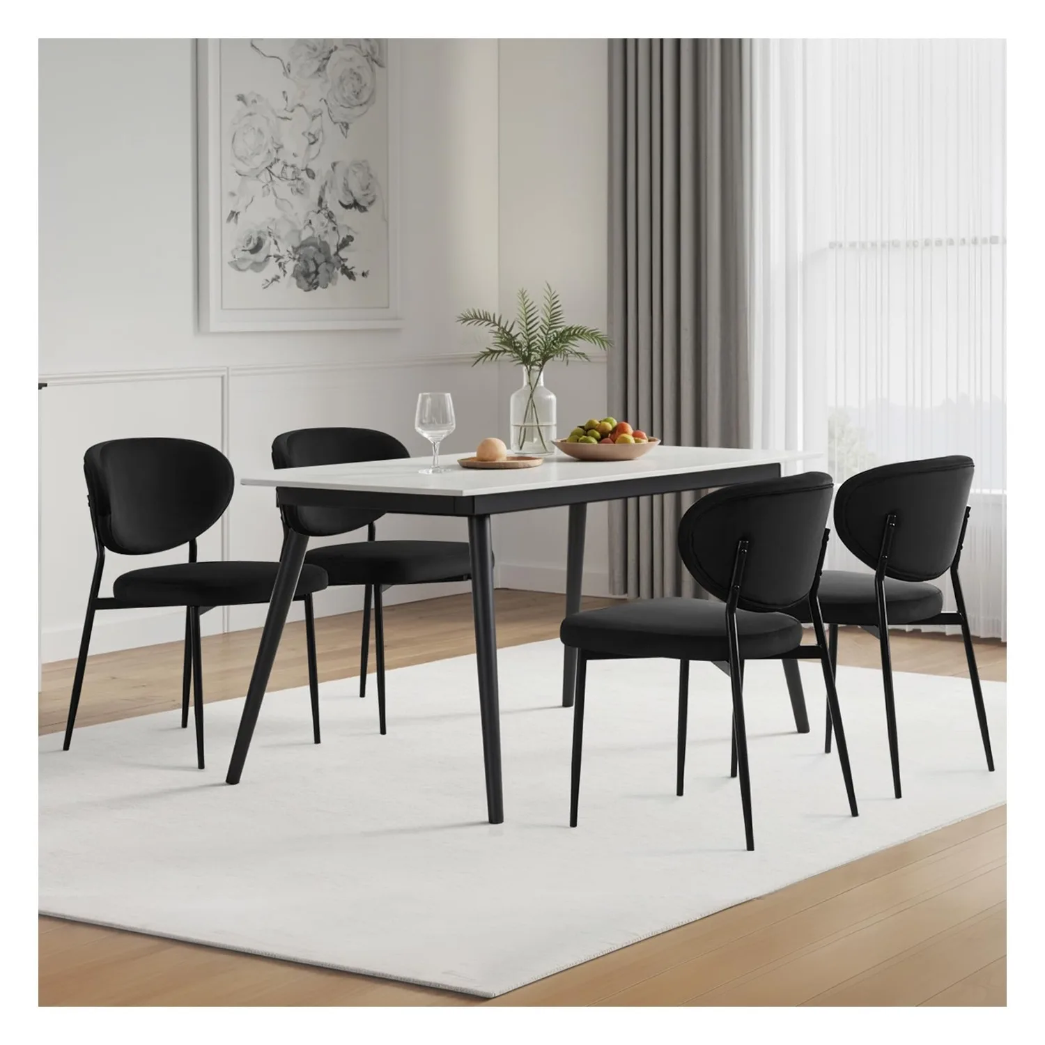 Black Velvet Dining Chairs Set of 4, Upholstered Kitchen Chairs | Modern Dining Room Chairs with 58D Memory Foam Seat