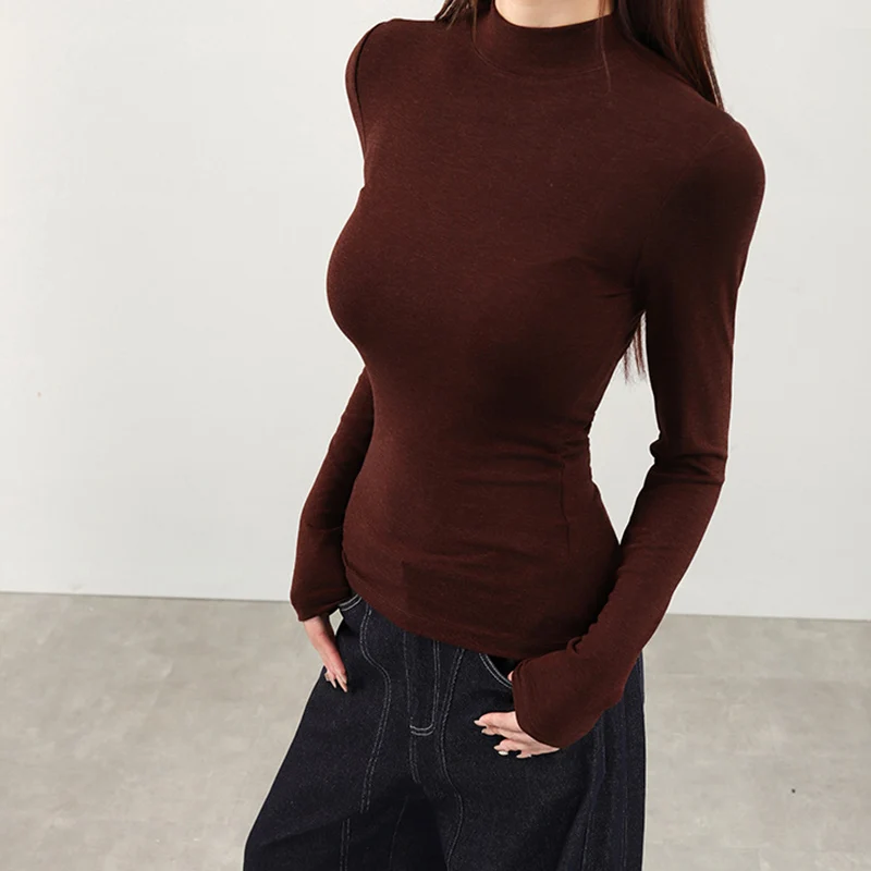 

Autumn New Women's Half-High Collar Long Sleeve Pullover Tees Elegant Slim Fit Bottoming Shirts Korean High-End Base Layer Mujer