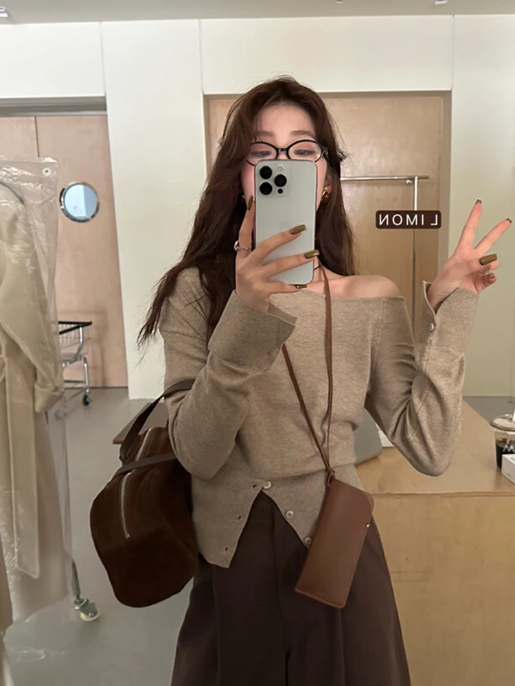 سترة محبوكة طويلة بتصميم أنيق مكشوفة الكتفين للنساء، موديل جديد لخريف وشتاء، مقاس صغير، أنيقة ومتعددة الاستخدامات...