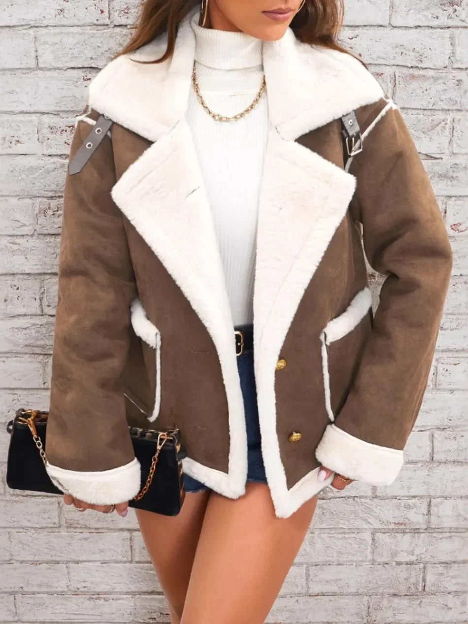 Women's Elegant Winter Fur Coat with Fluff Lapel Thick Korean Fashion Casual Loose Artificial Fleece Warm Jacket