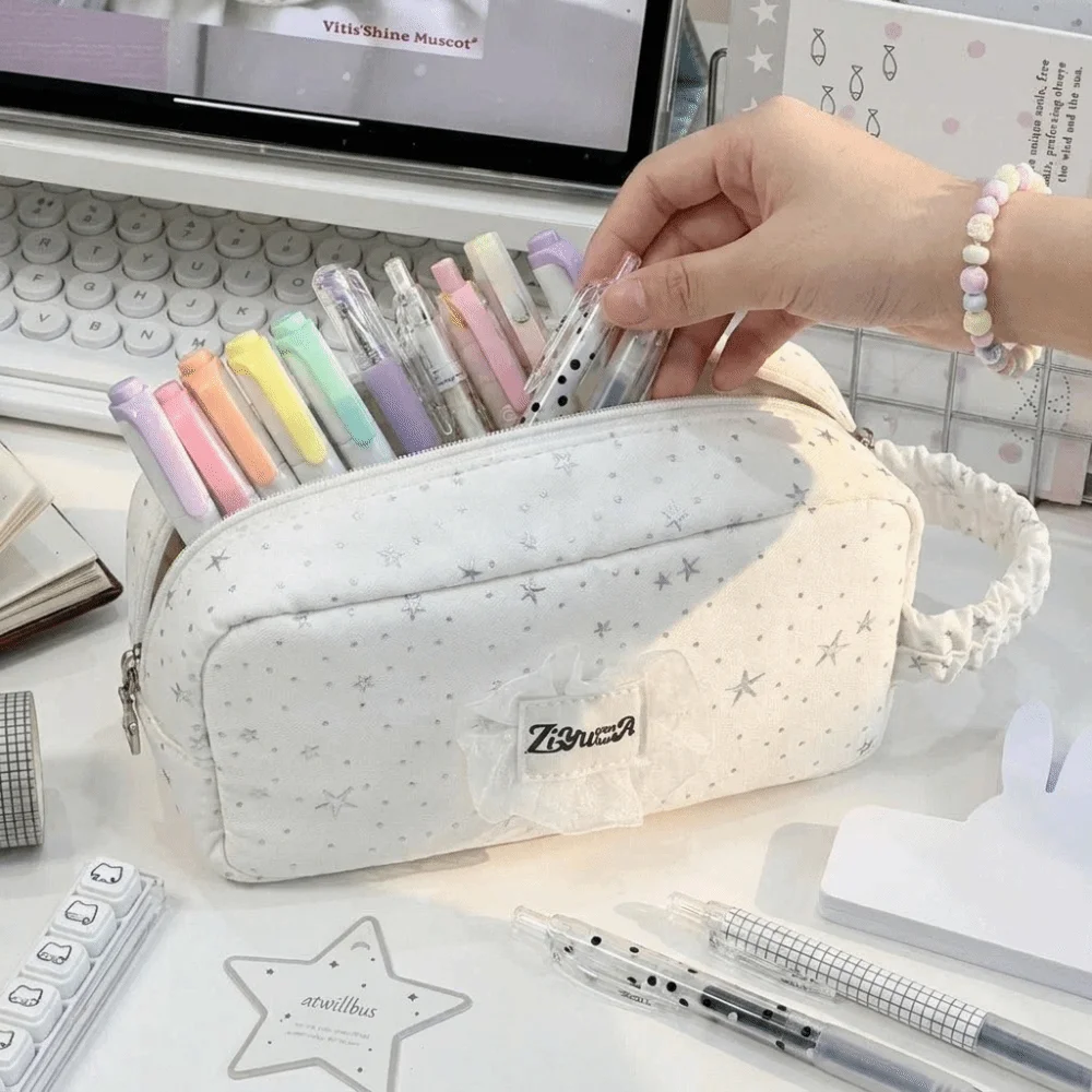 Cute Polka Dots Star Print Pencil Case Lace Large Capacity Viewable Window Storage Pouch Handheld Portable Pen Bag Storage