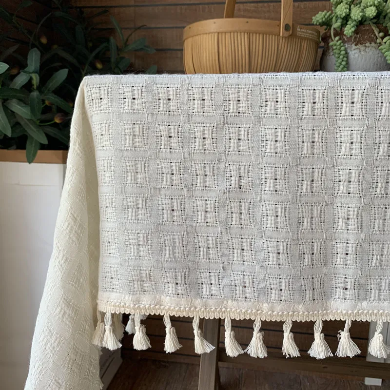 

1PC Japanese cotton linen tablecloth hand-woven plaid tassel style tea table cloth rectangular tablecloth Custom size