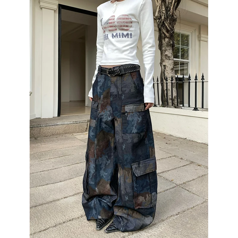 

ZHIZOU женские джинсы-карго Y2k мешковатые Harajuku эстетические камуфляжные джинсовые брюки широкие джинсовые брюки винтажная мусорная одежда 90-х годов зимняя одежда