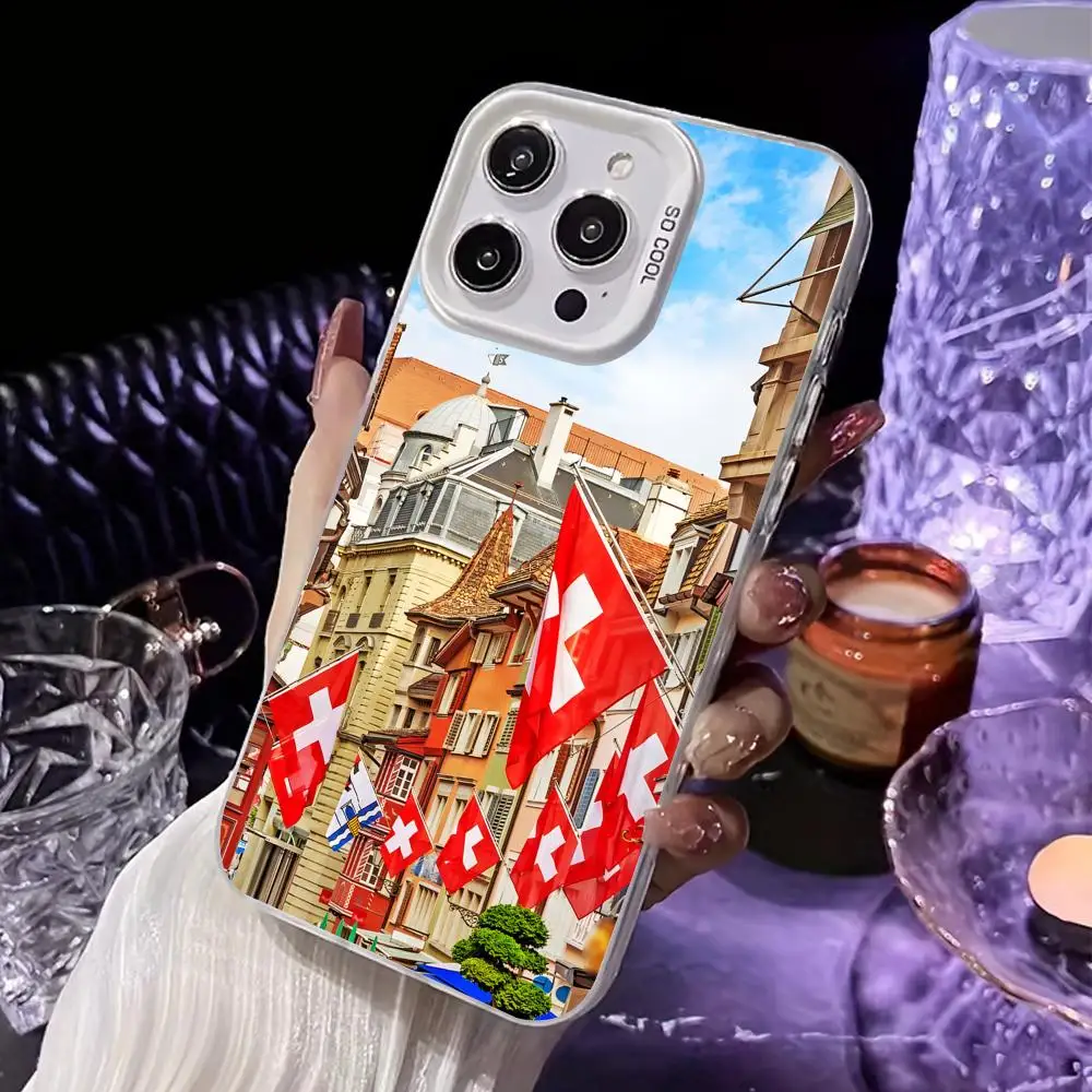 سويسرا العلم قضية الهاتف المحمول آيفون 17 16 15 14 13 12 11 X XR XS 8 7 برو ماكس زائد غطاء أبيض شفاف غطاء فاخر