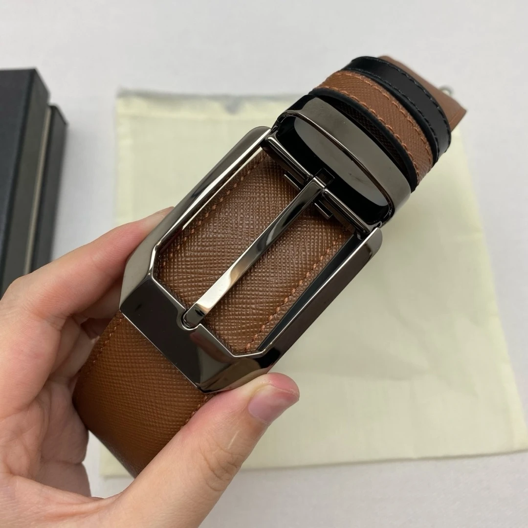 Luxury Brand Men's Reversible Leather Belt Rotatable Square Pin Buckle Cross Grain Business Formal 35mm Casual Waist Strap Gift